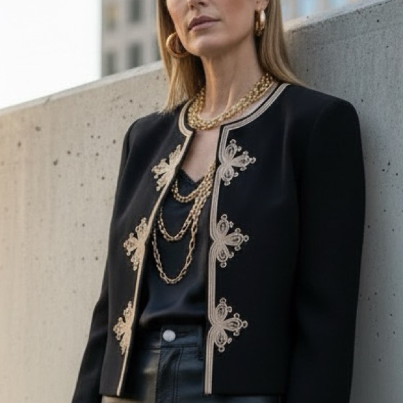 Kasper Jackets & Blazers - Black Military Chic Statement Blazer w/ Gold Rope Embroidery, Size 10